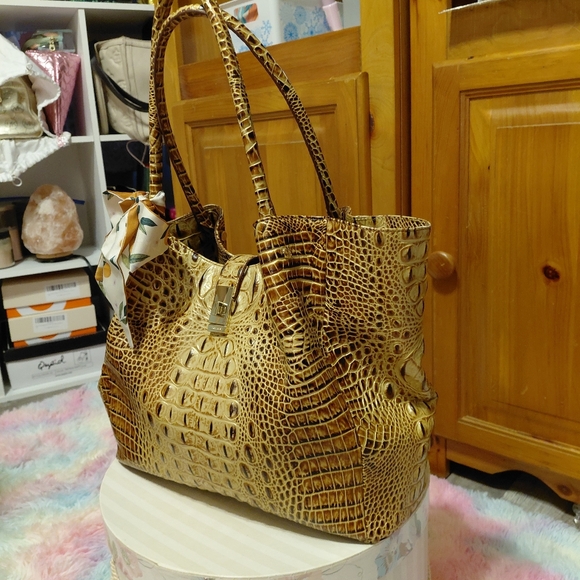Gold Croc-Embossed Tote Bag with Decorative Bow BRAHMIN  Mallory Tote FIRM PRICE - Picture 7 of 15